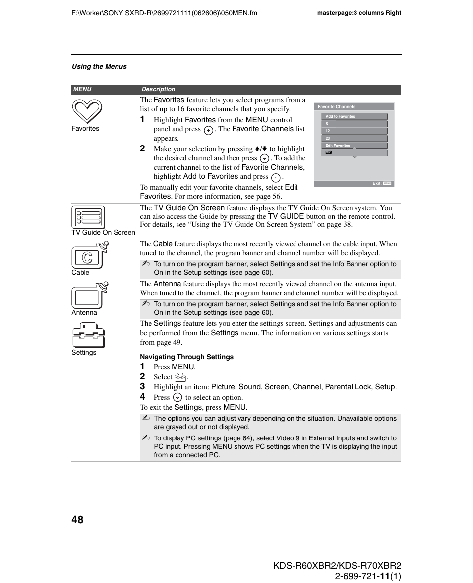 Sony GRAND WEGA KDS-R70XBR2 User Manual | Page 48 / 83