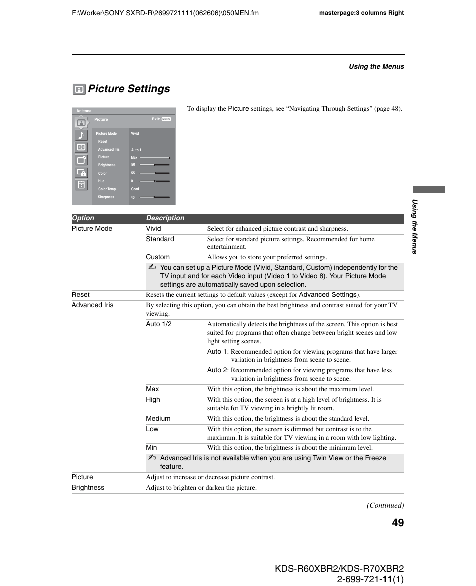 Picture settings | Sony GRAND WEGA KDS-R70XBR2 User Manual | Page 49 / 83