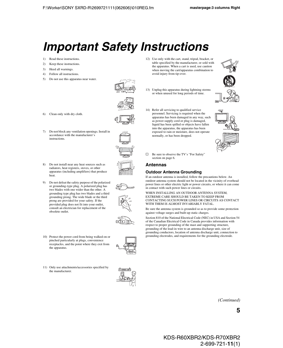 Important safety instructions | Sony GRAND WEGA KDS-R70XBR2 User Manual | Page 5 / 83