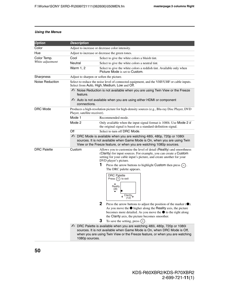 Sony GRAND WEGA KDS-R70XBR2 User Manual | Page 50 / 83