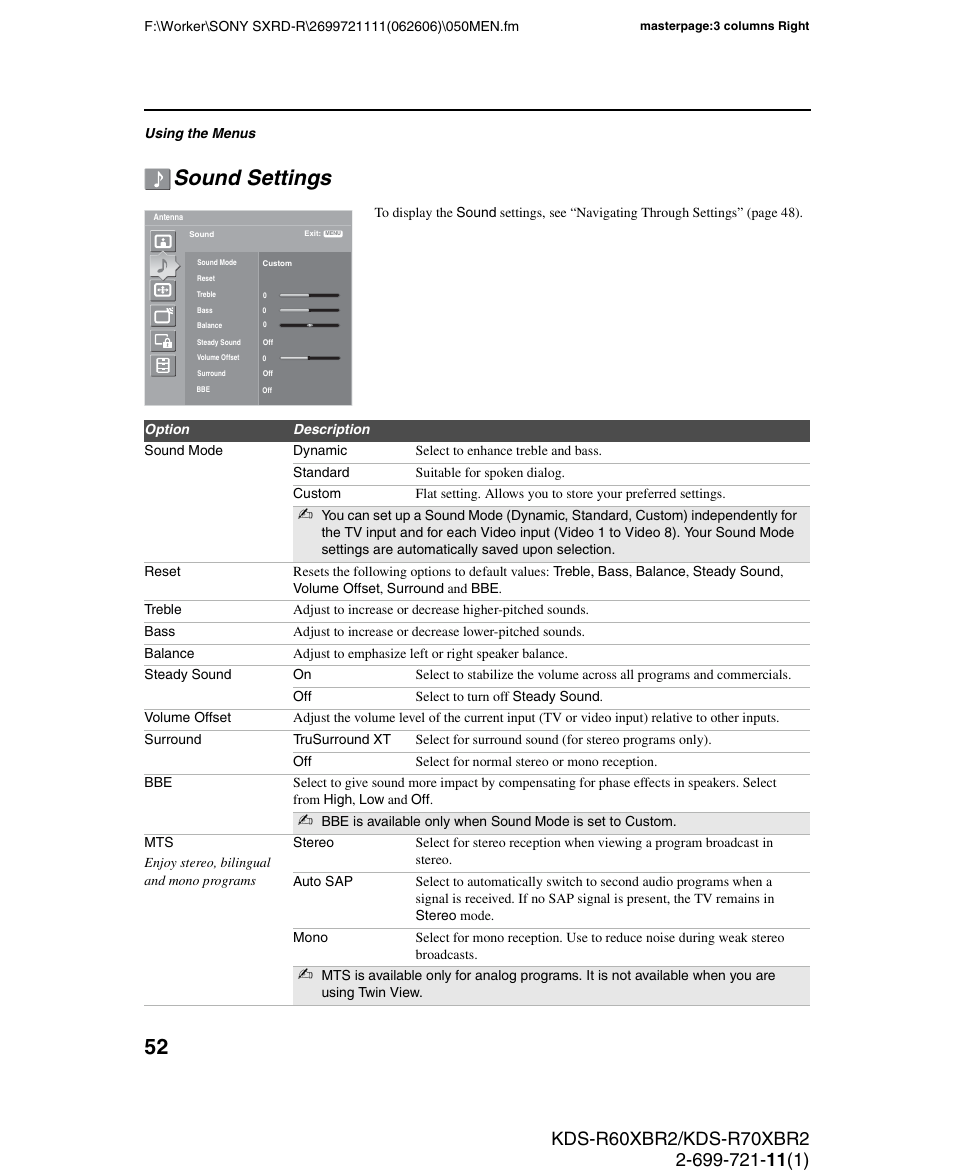 Sound settings | Sony GRAND WEGA KDS-R70XBR2 User Manual | Page 52 / 83