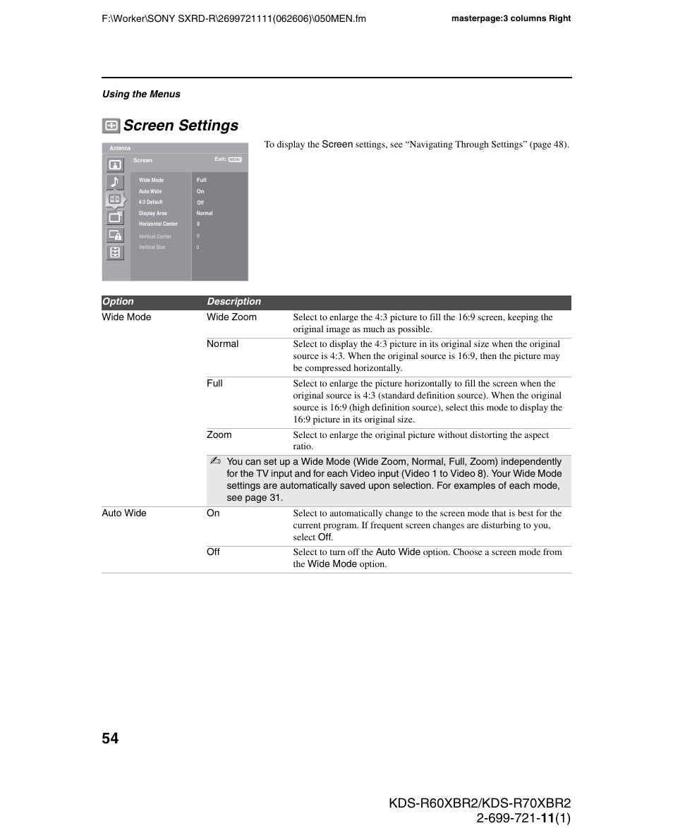 Screen settings | Sony GRAND WEGA KDS-R70XBR2 User Manual | Page 54 / 83