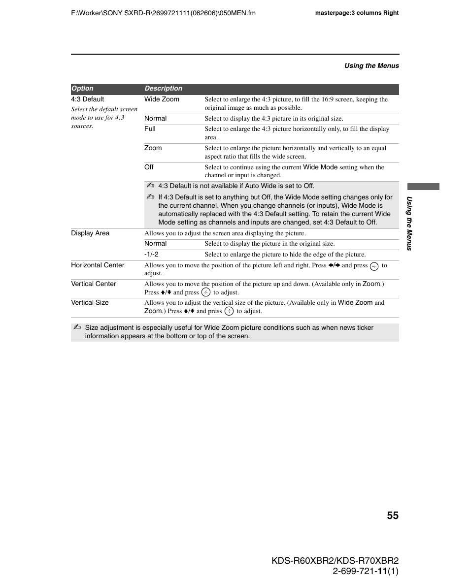 Sony GRAND WEGA KDS-R70XBR2 User Manual | Page 55 / 83