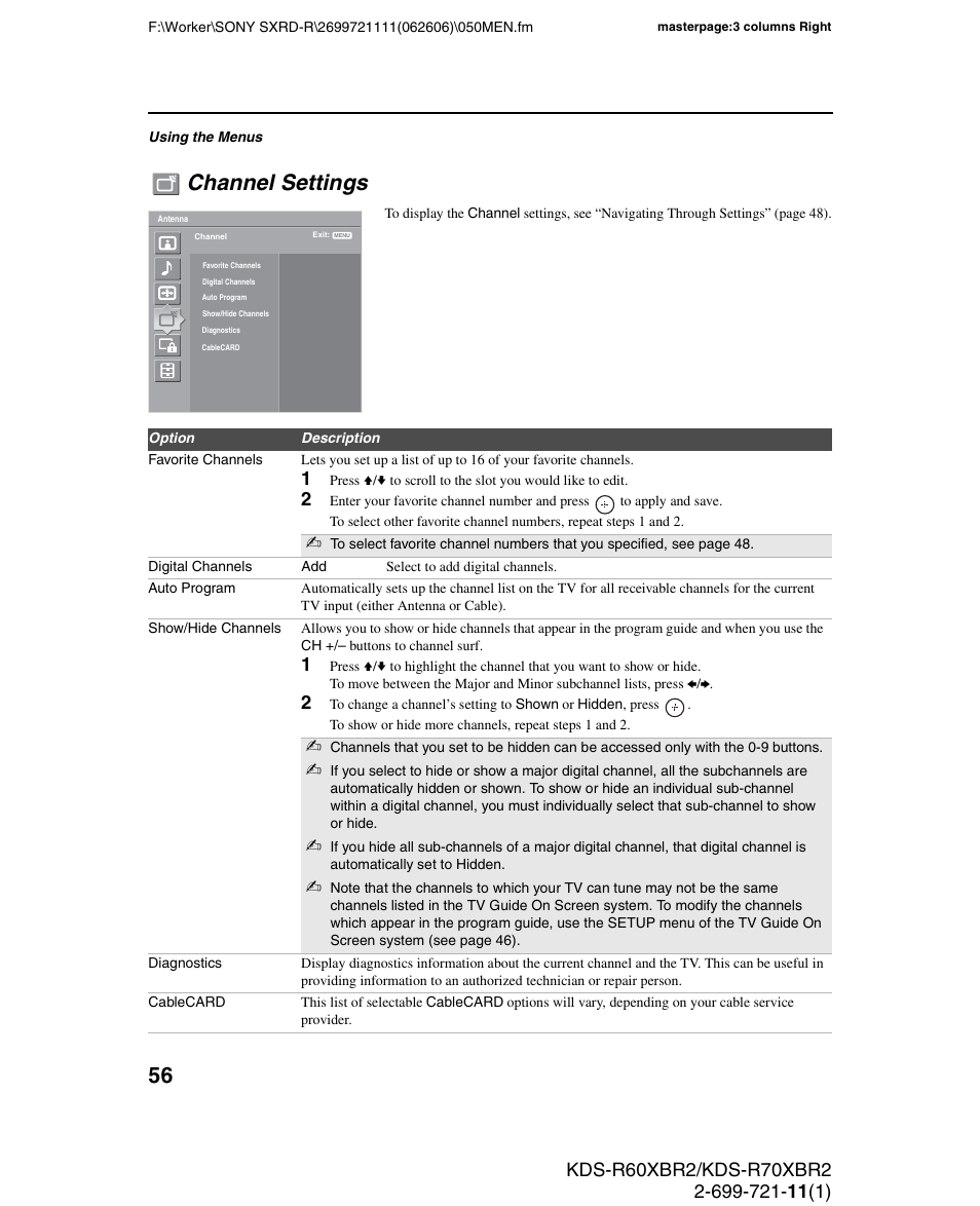 Channel settings | Sony GRAND WEGA KDS-R70XBR2 User Manual | Page 56 / 83