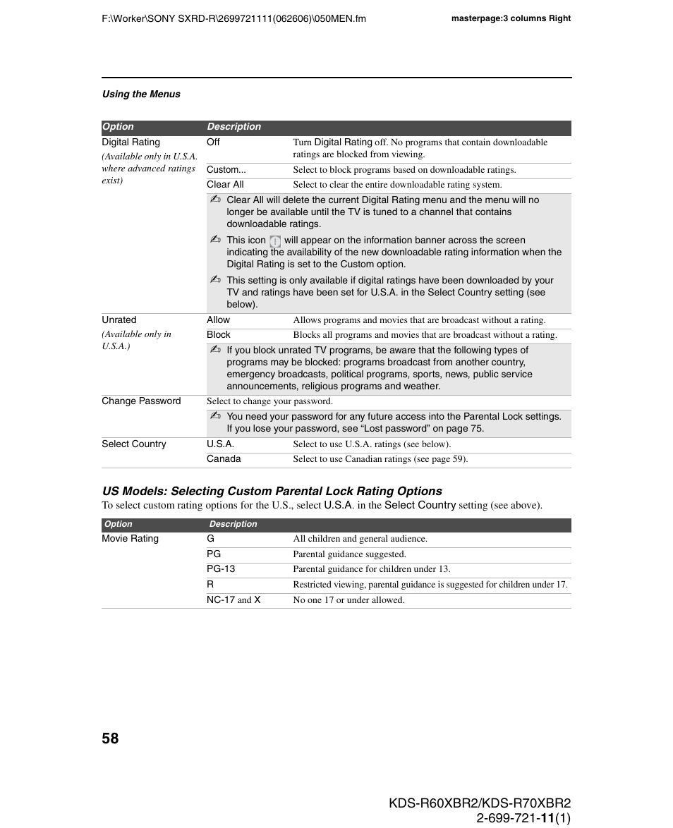 Sony GRAND WEGA KDS-R70XBR2 User Manual | Page 58 / 83