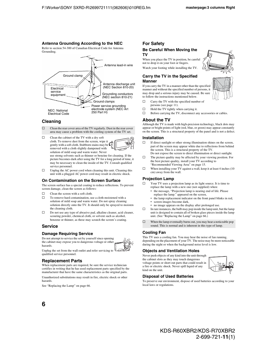 Cleaning, Service, Replacement parts | For safety, About the tv | Sony GRAND WEGA KDS-R70XBR2 User Manual | Page 6 / 83