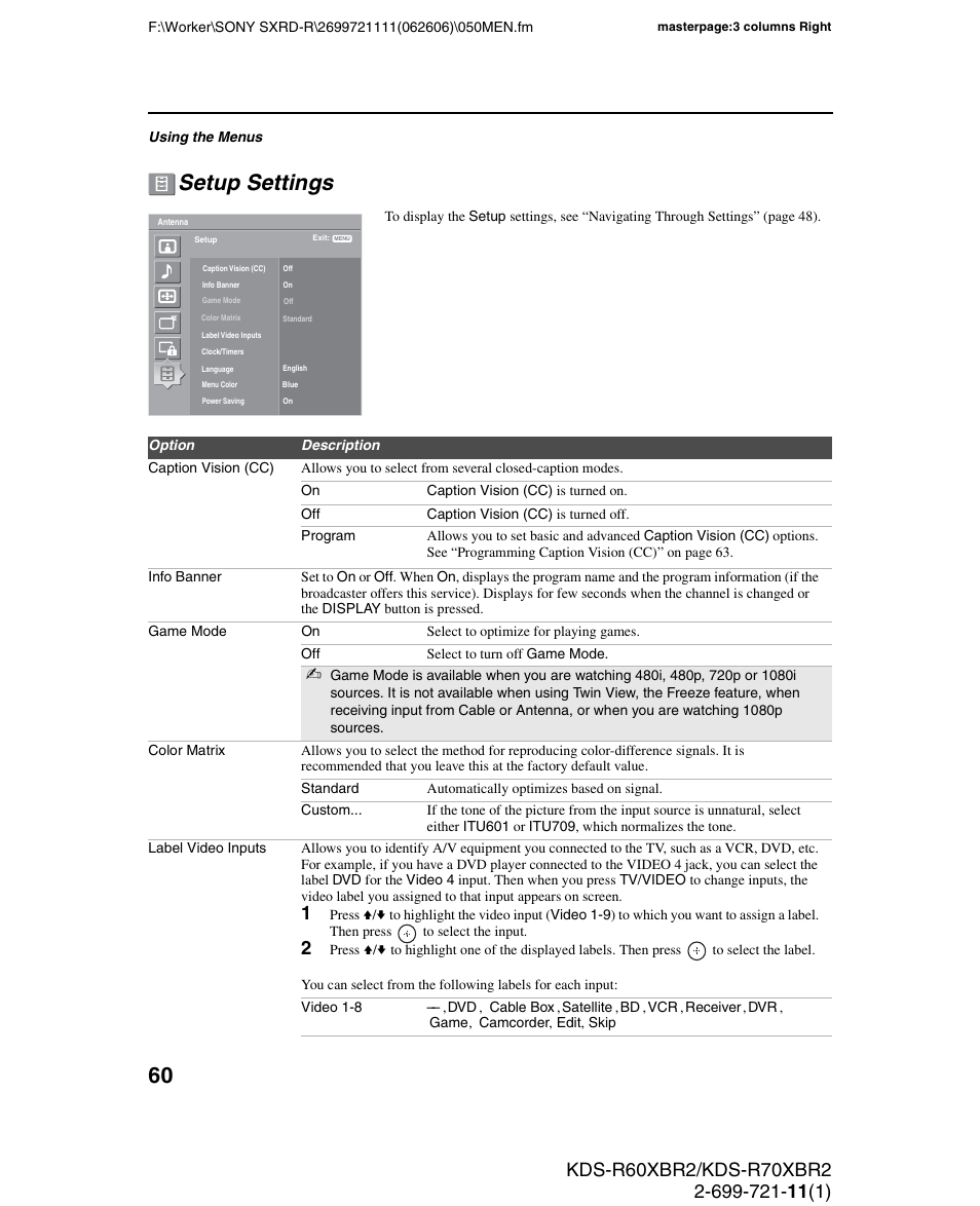 Setup settings | Sony GRAND WEGA KDS-R70XBR2 User Manual | Page 60 / 83