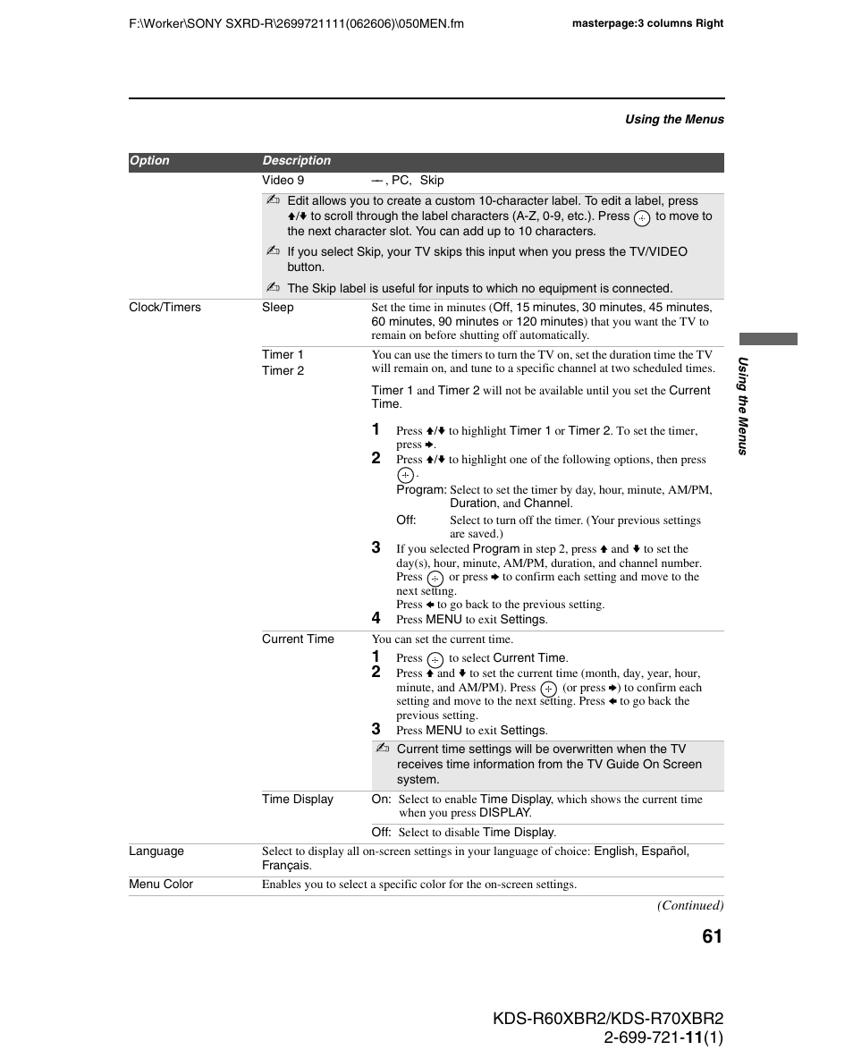 Sony GRAND WEGA KDS-R70XBR2 User Manual | Page 61 / 83