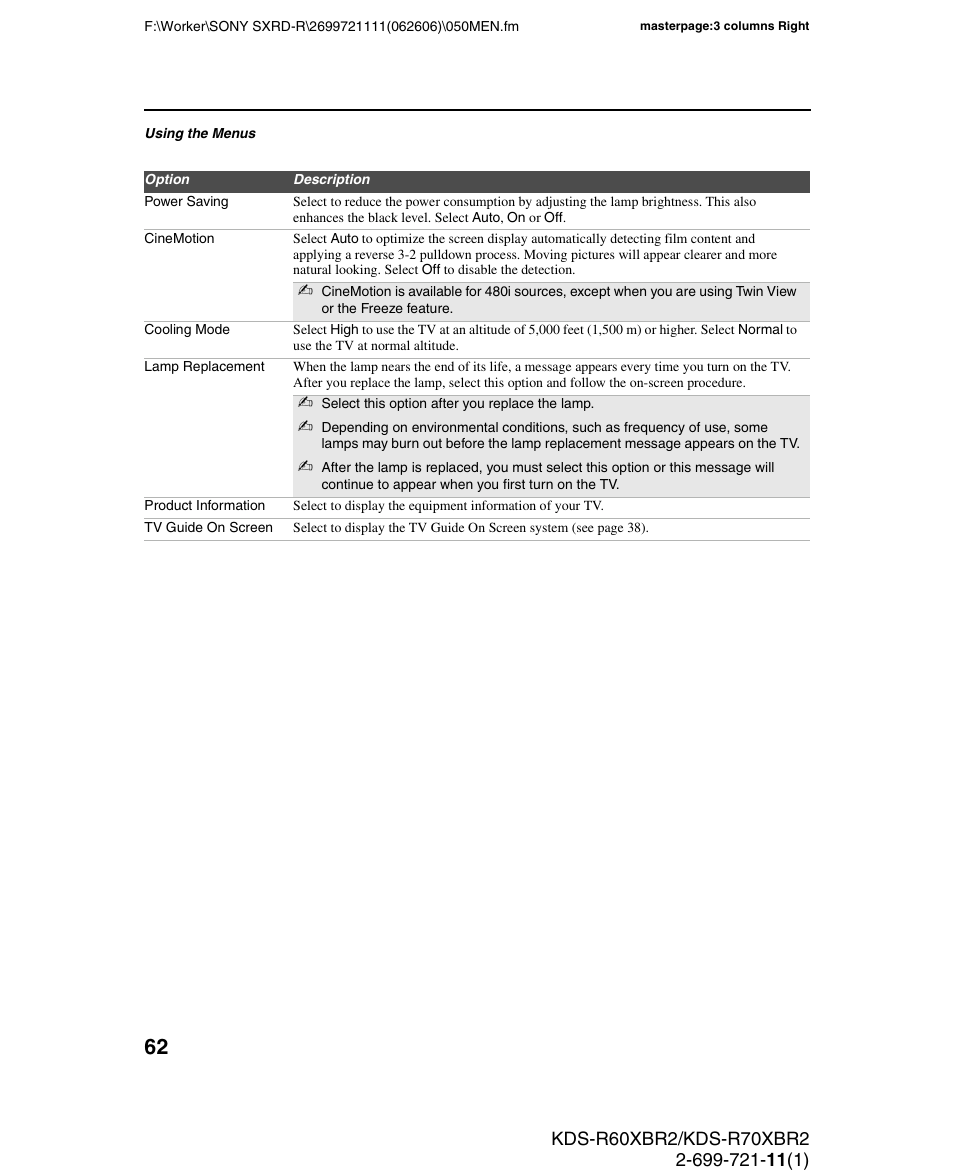 Sony GRAND WEGA KDS-R70XBR2 User Manual | Page 62 / 83