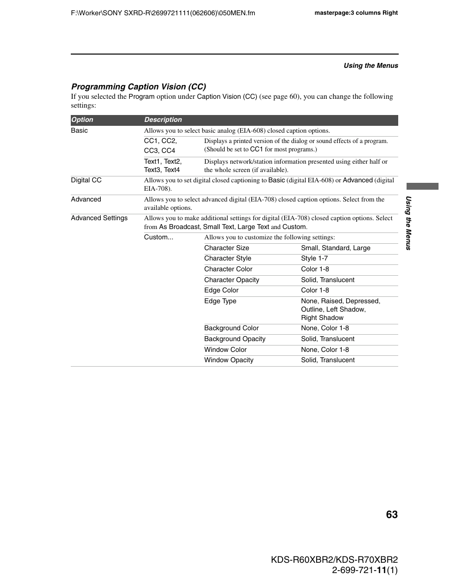 Sony GRAND WEGA KDS-R70XBR2 User Manual | Page 63 / 83