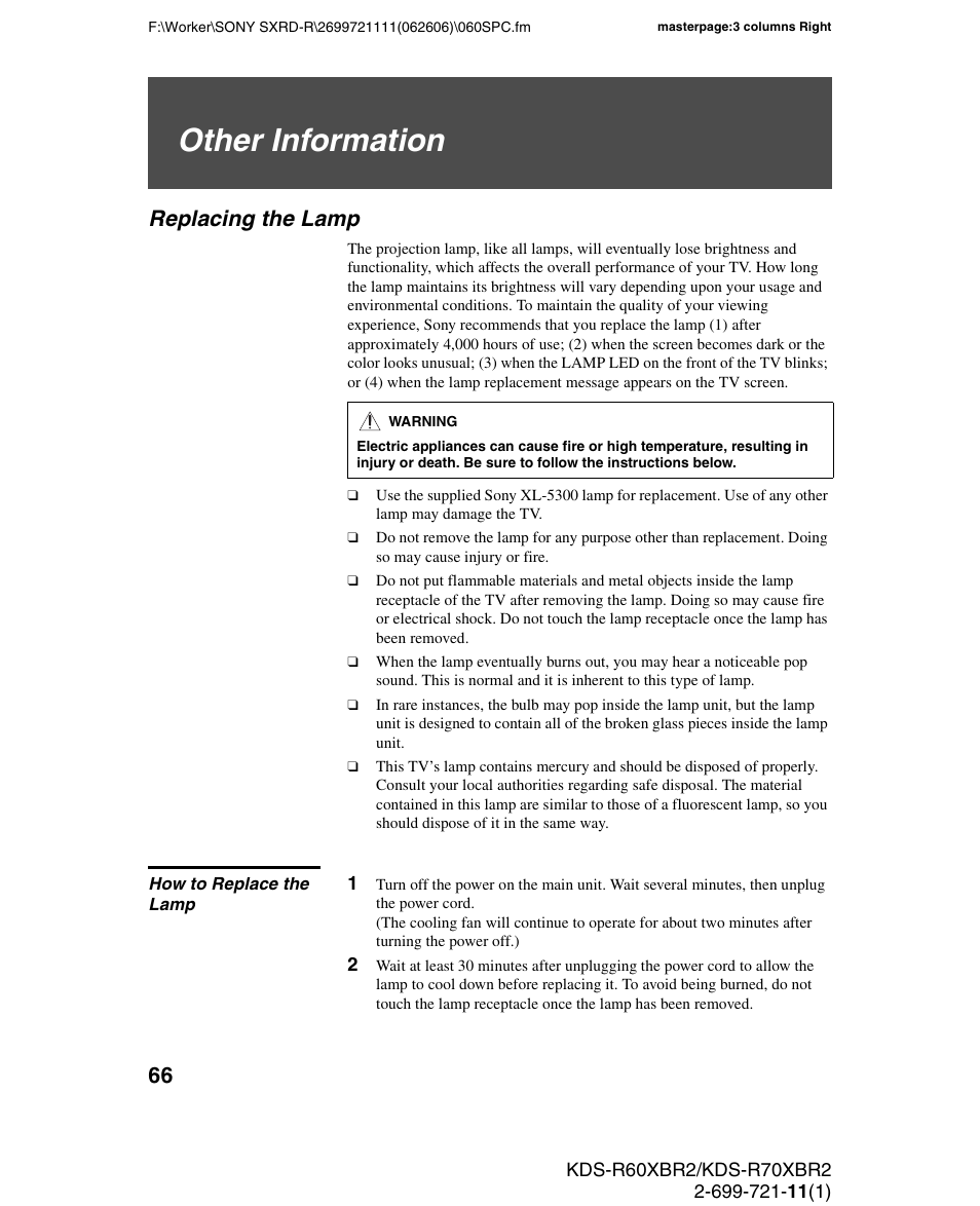 Other information, Replacing the lamp, How to replace the lamp | Sony GRAND WEGA KDS-R70XBR2 User Manual | Page 66 / 83