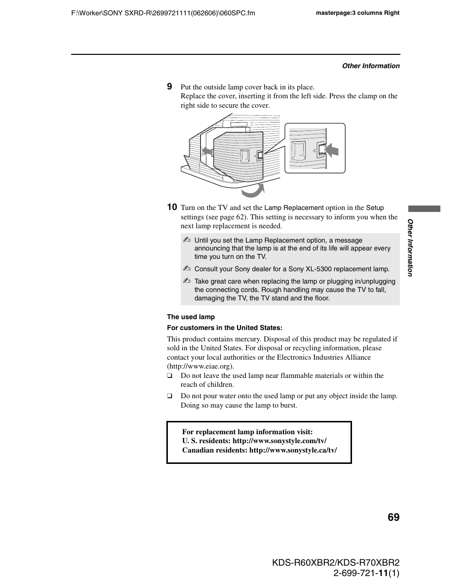 Sony GRAND WEGA KDS-R70XBR2 User Manual | Page 69 / 83