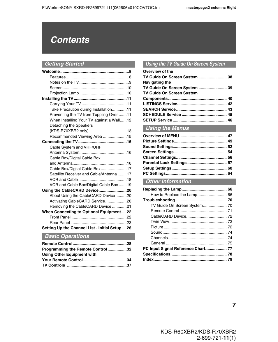 Sony GRAND WEGA KDS-R70XBR2 User Manual | Page 7 / 83