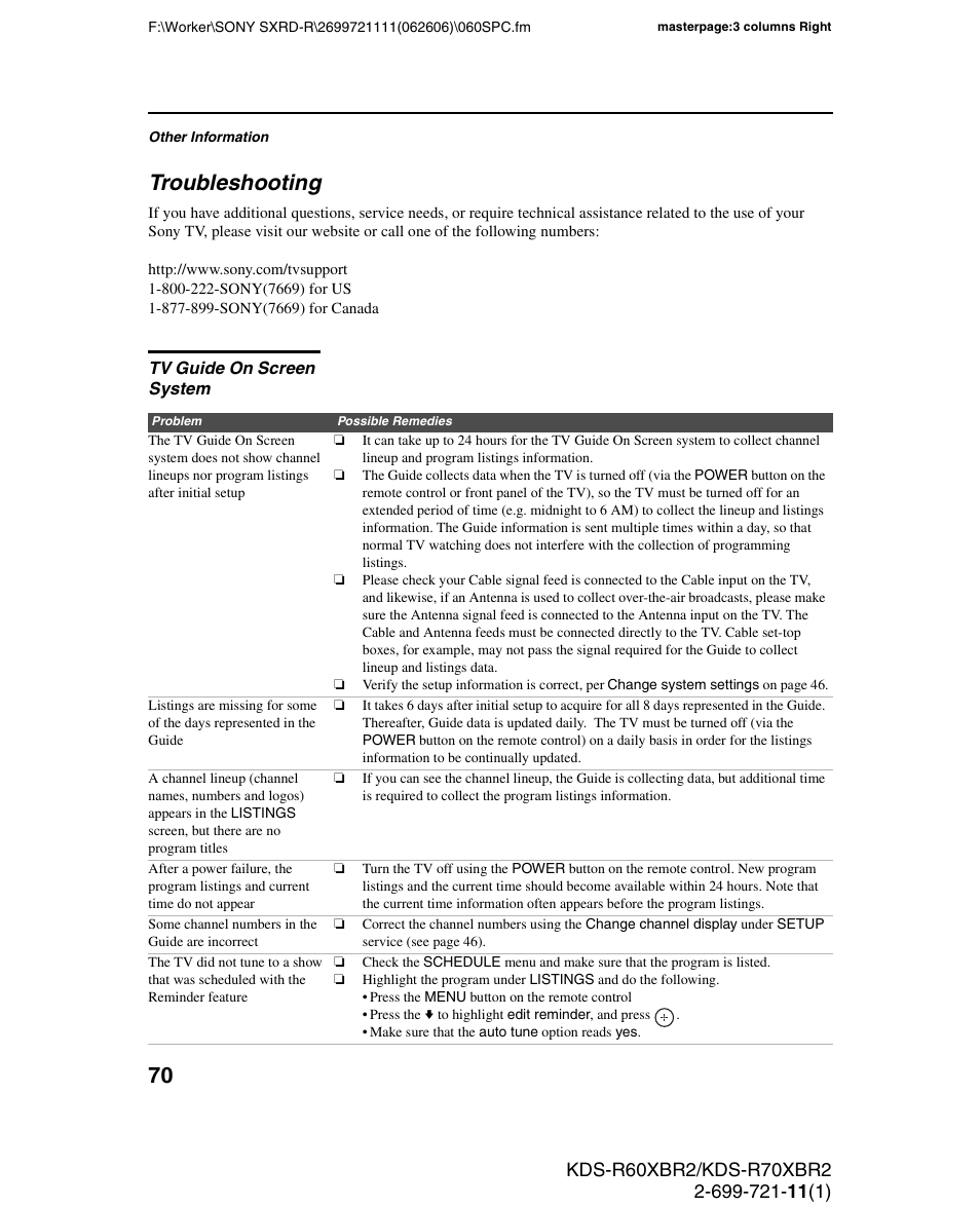 Troubleshooting, Tv guide on screen system | Sony GRAND WEGA KDS-R70XBR2 User Manual | Page 70 / 83