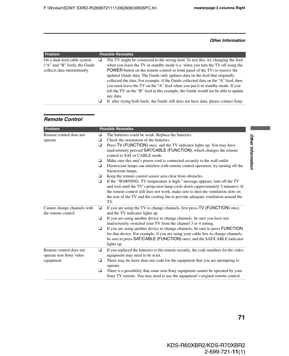 Remote control | Sony GRAND WEGA KDS-R70XBR2 User Manual | Page 71 / 83