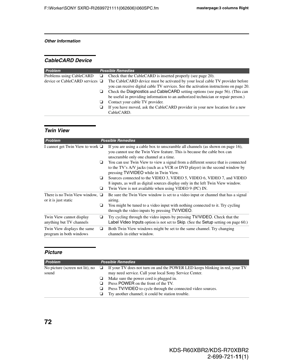 Cablecard device, Twin view, Picture | Cablecard device twin view picture | Sony GRAND WEGA KDS-R70XBR2 User Manual | Page 72 / 83