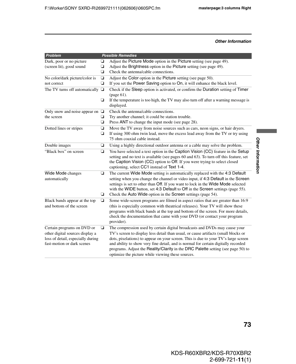 Sony GRAND WEGA KDS-R70XBR2 User Manual | Page 73 / 83