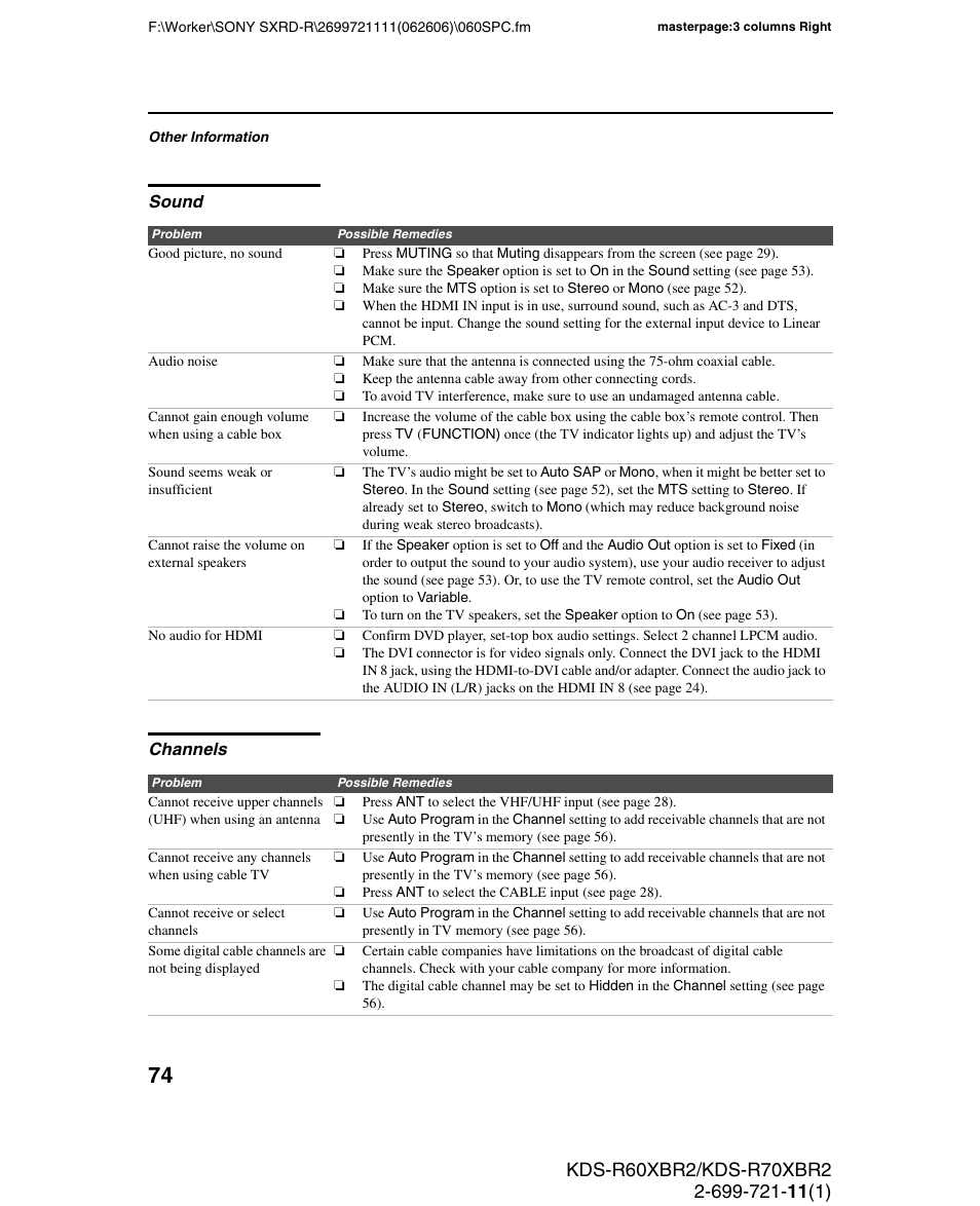 Sound, Channels, Sound channels | Sony GRAND WEGA KDS-R70XBR2 User Manual | Page 74 / 83