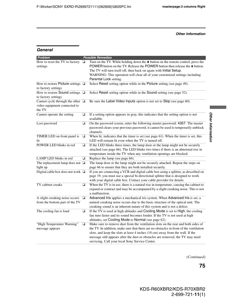 General | Sony GRAND WEGA KDS-R70XBR2 User Manual | Page 75 / 83