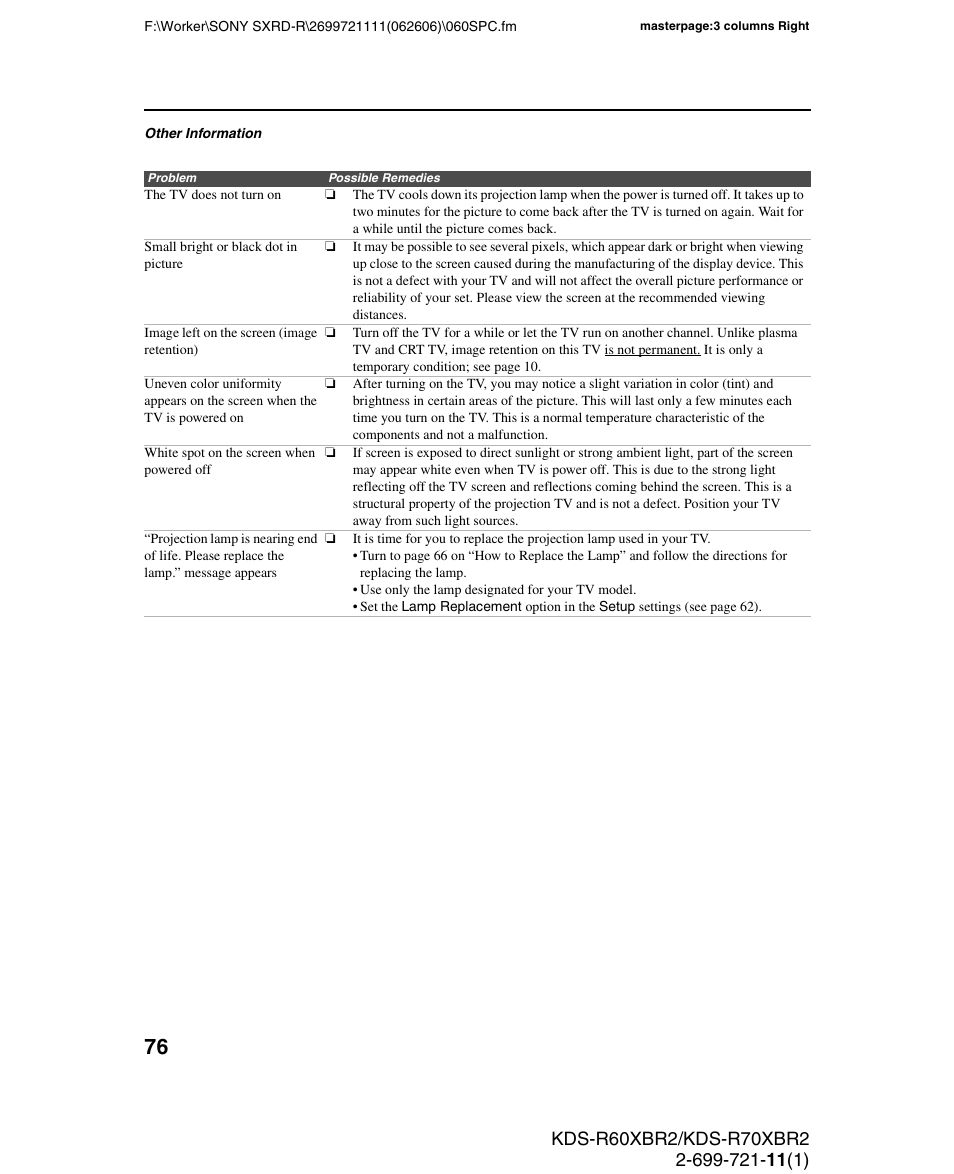 Sony GRAND WEGA KDS-R70XBR2 User Manual | Page 76 / 83