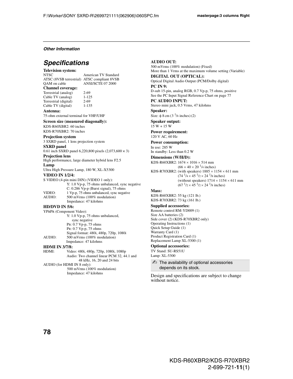 Specifications | Sony GRAND WEGA KDS-R70XBR2 User Manual | Page 78 / 83