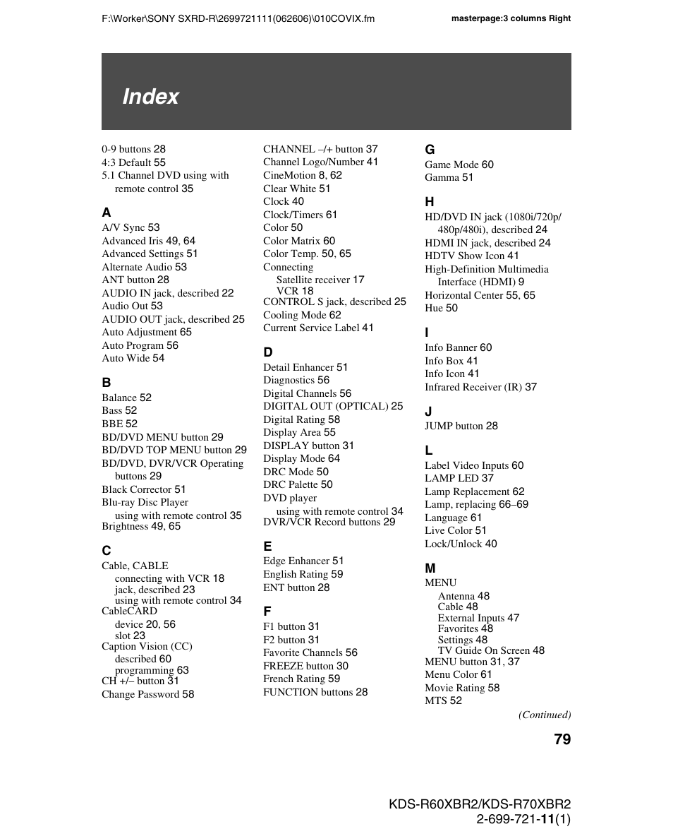 Index | Sony GRAND WEGA KDS-R70XBR2 User Manual | Page 79 / 83