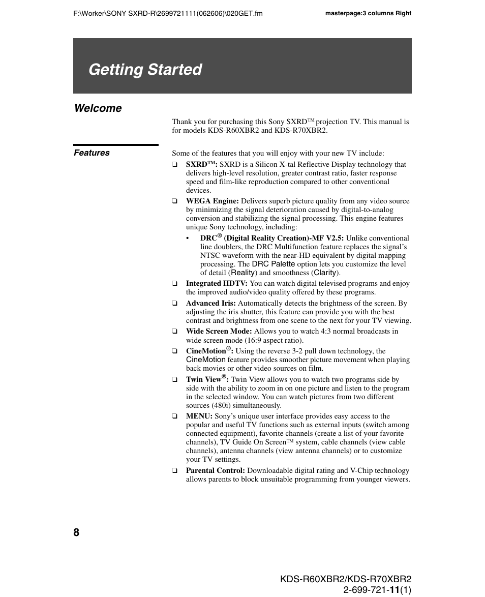 Getting started, Welcome, Features | Sony GRAND WEGA KDS-R70XBR2 User Manual | Page 8 / 83