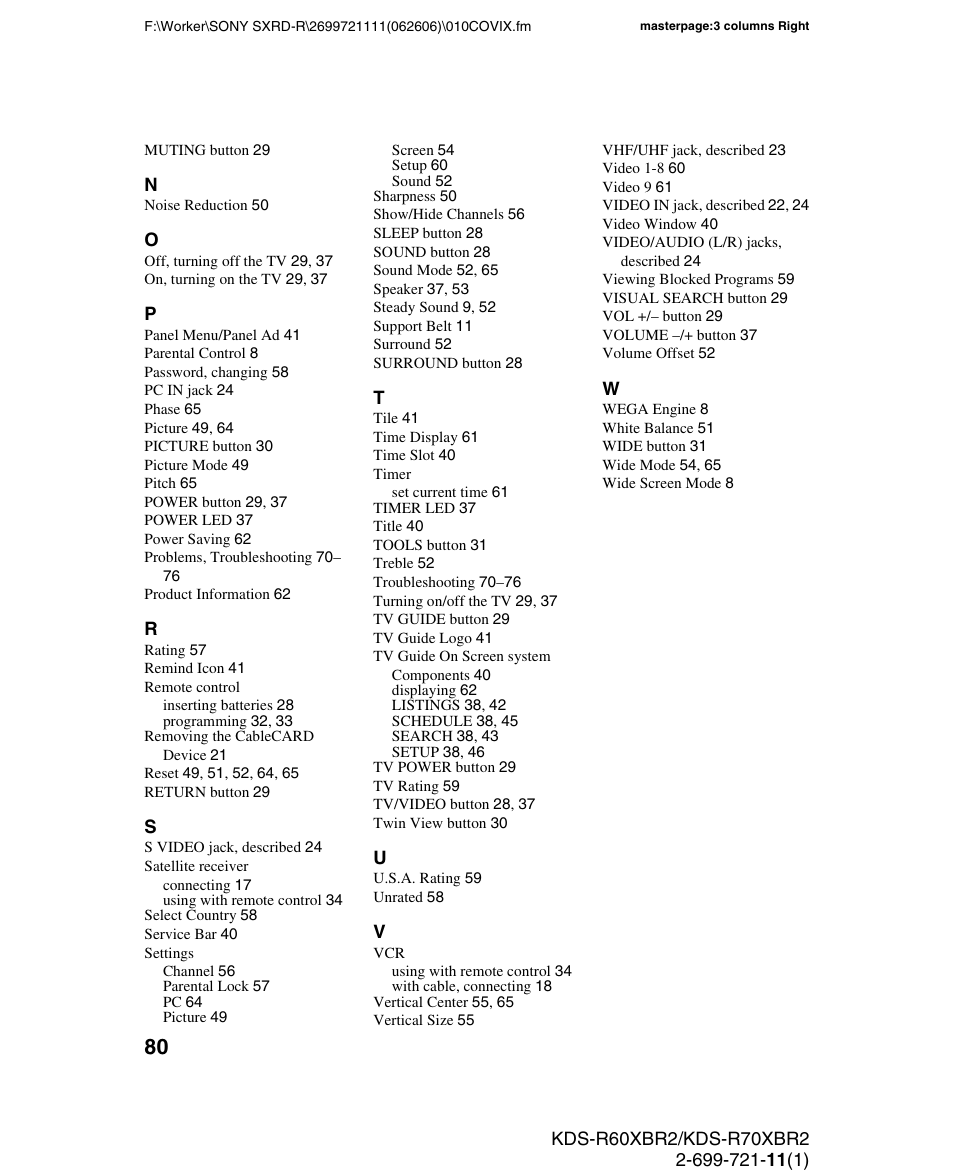 Sony GRAND WEGA KDS-R70XBR2 User Manual | Page 80 / 83