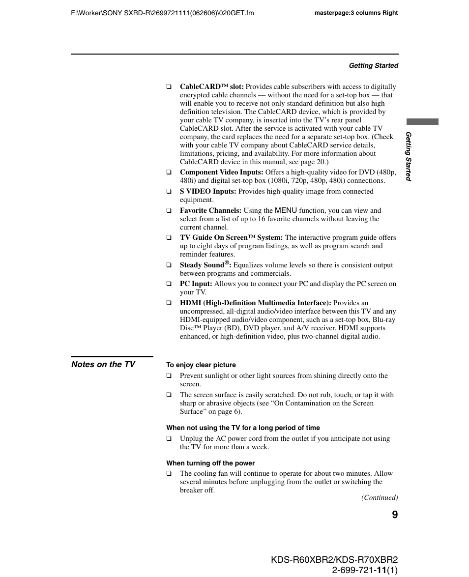 Notes on the tv | Sony GRAND WEGA KDS-R70XBR2 User Manual | Page 9 / 83