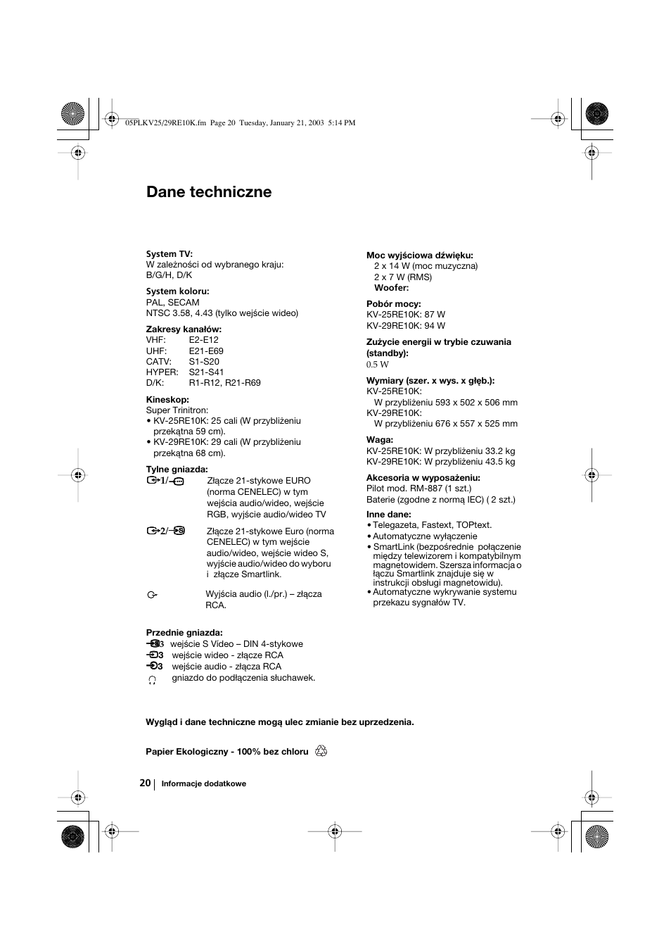 Dane techniczne | Sony KV-25RE10K User Manual | Page 100 / 142