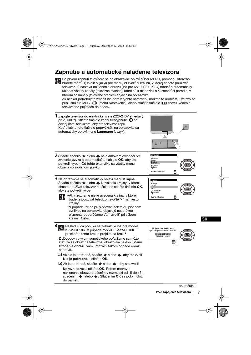 Zapnutie a automatické naladenie televízora | Sony KV-25RE10K User Manual | Page 127 / 142