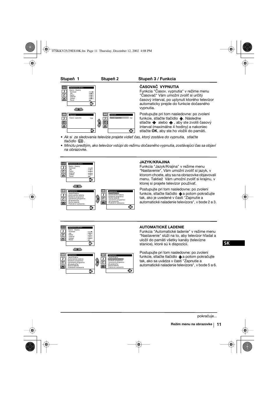 Stupeň 1 stupeň 2 stupeň 3 / funkcia | Sony KV-25RE10K User Manual | Page 131 / 142