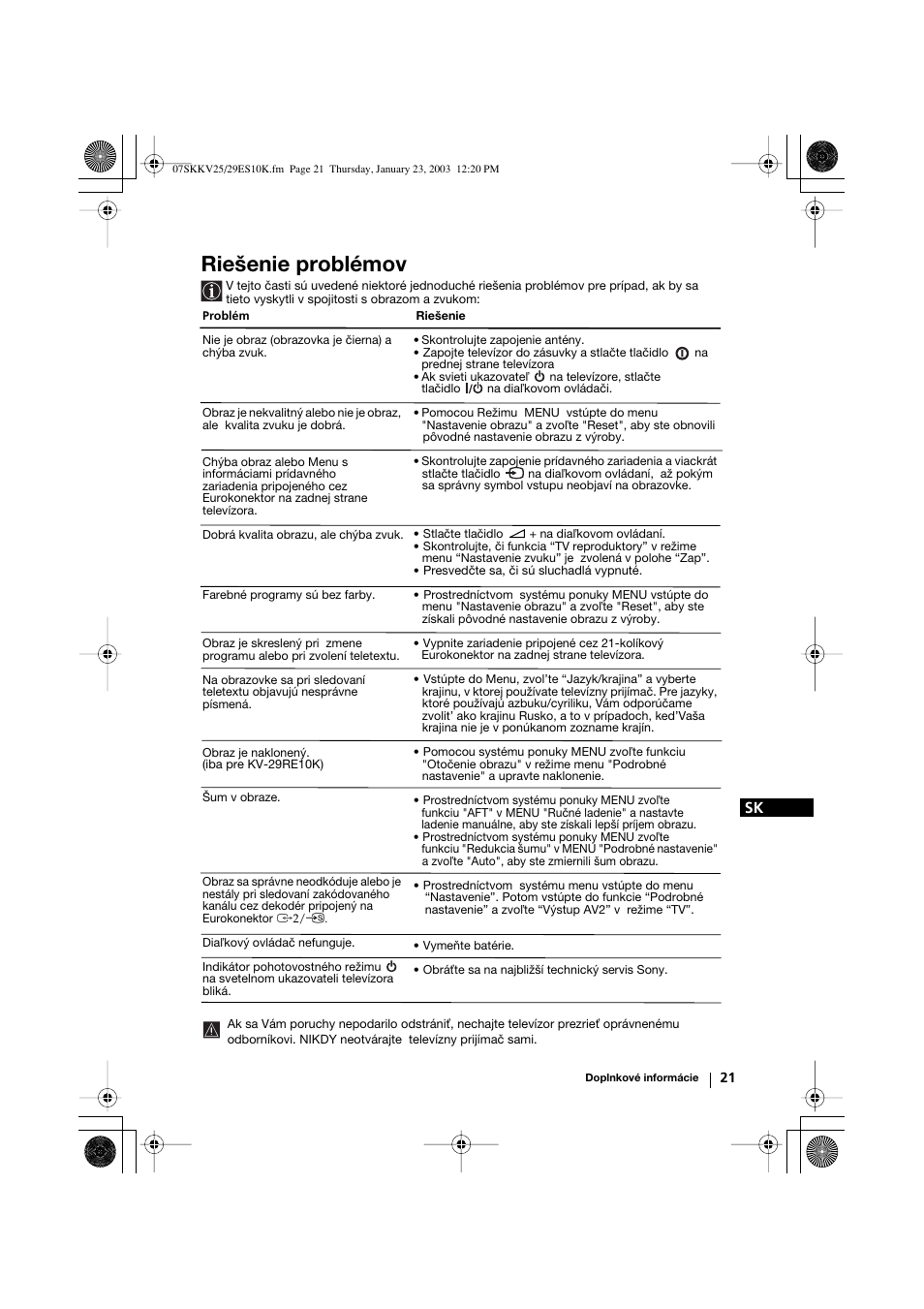 Riešenie problémov | Sony KV-25RE10K User Manual | Page 141 / 142