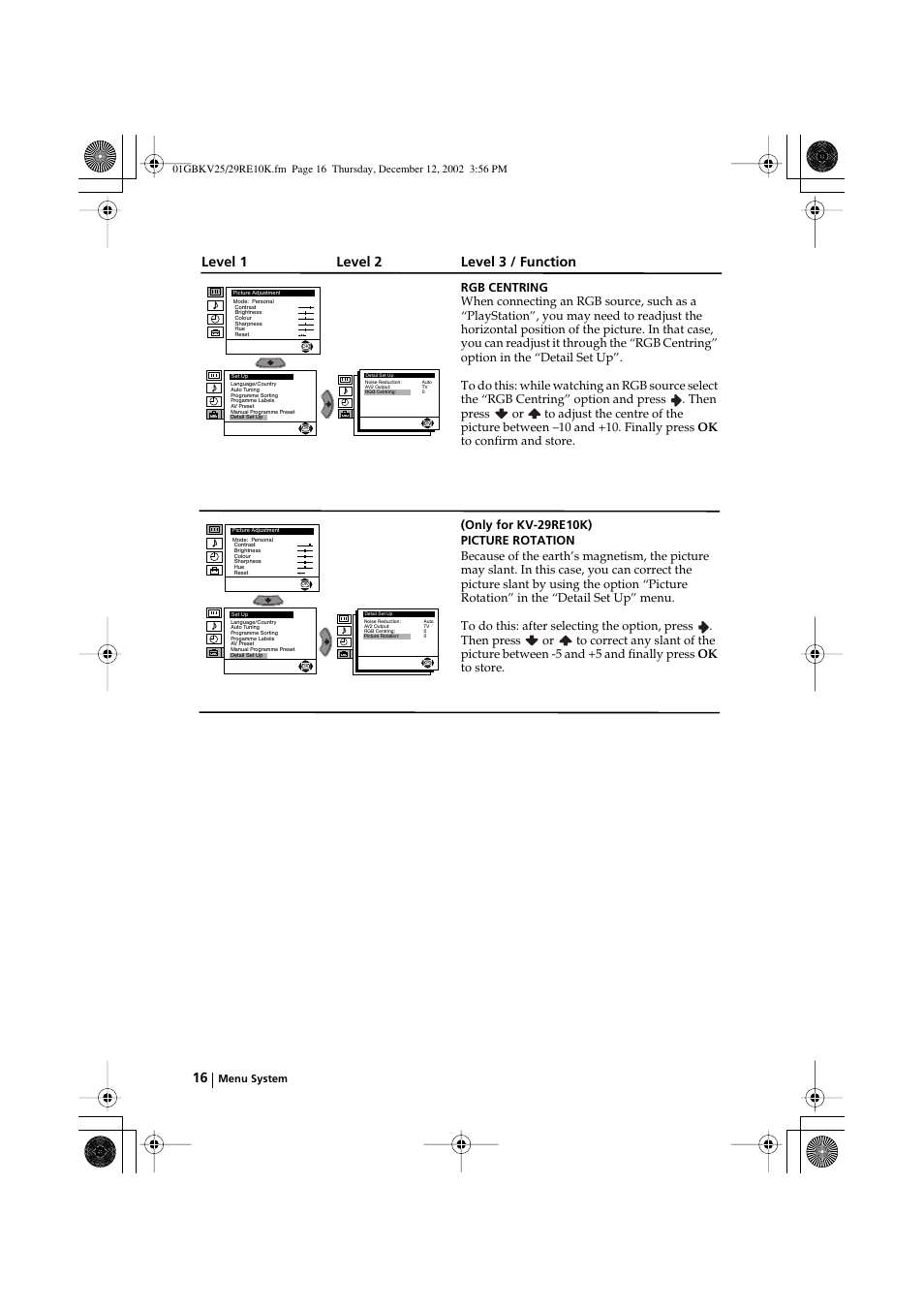 Level 1 level 2 level 3 / function | Sony KV-25RE10K User Manual | Page 16 / 142