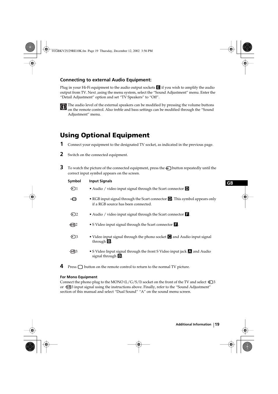 Using optional equipment | Sony KV-25RE10K User Manual | Page 19 / 142
