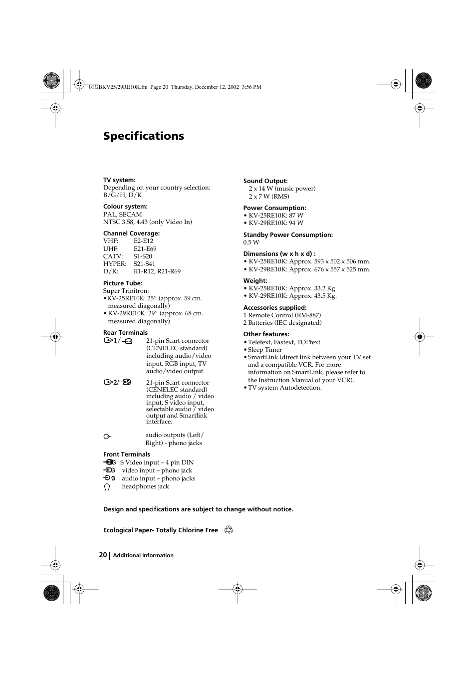 Specifications | Sony KV-25RE10K User Manual | Page 20 / 142