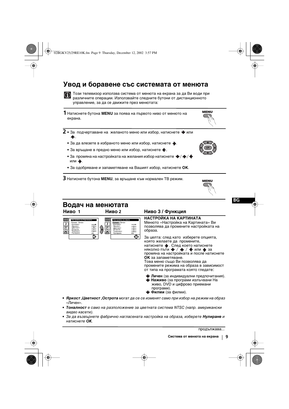 Увод и боравене със системата от менюта, Водач на менютата, Ниво | Ниво 3 / функция | Sony KV-25RE10K User Manual | Page 29 / 142