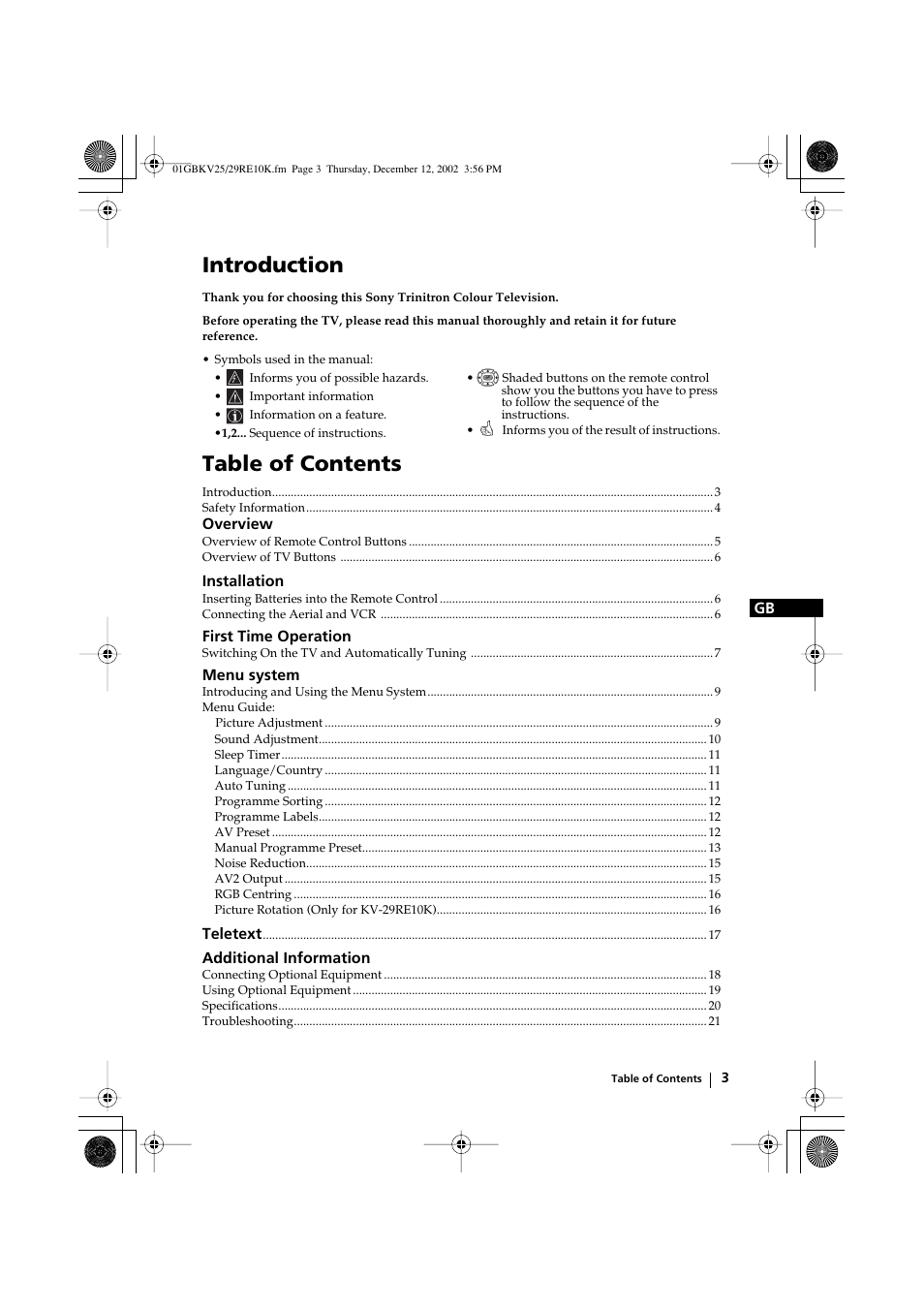 Sony KV-25RE10K User Manual | Page 3 / 142