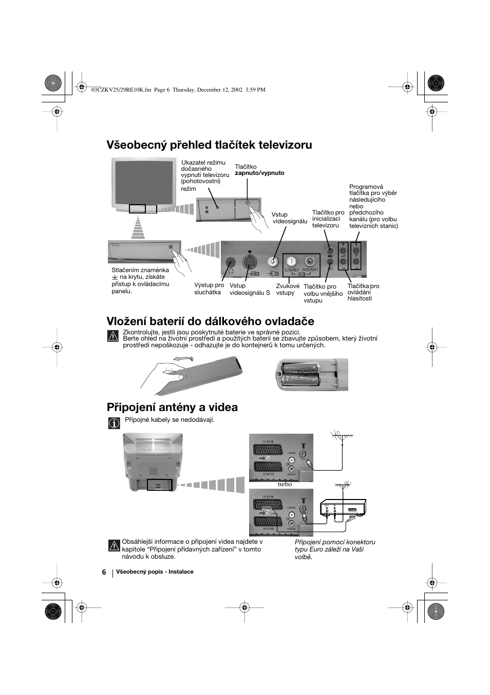 Připojení antény a videa | Sony KV-25RE10K User Manual | Page 46 / 142