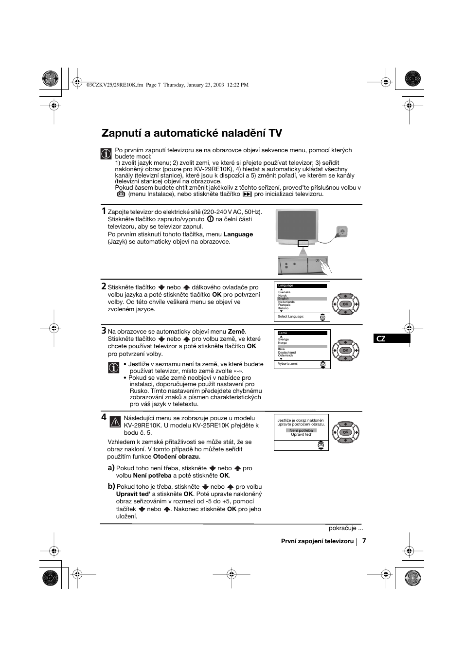 Zapnutí a automatické naladění tv | Sony KV-25RE10K User Manual | Page 47 / 142