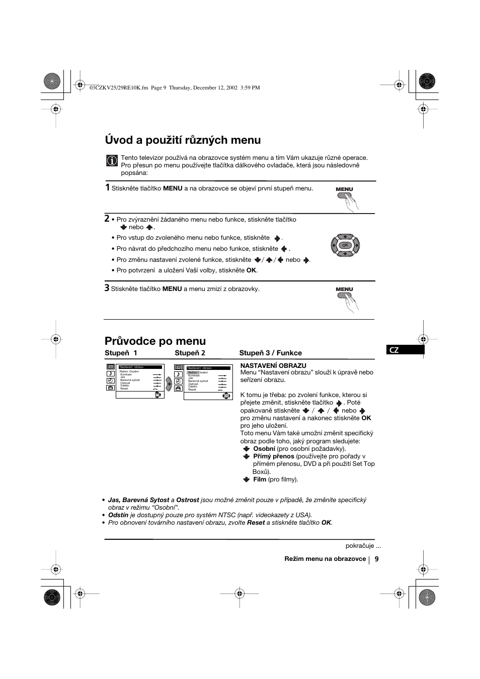 Úvod a použití různých menu, Průvodce po menu | Sony KV-25RE10K User Manual | Page 49 / 142