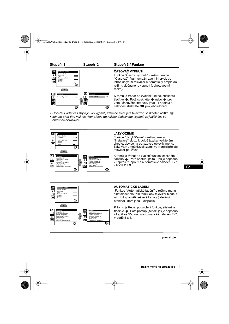 Stupeň 1 stupeň 2 stupeň 3 / funkce | Sony KV-25RE10K User Manual | Page 51 / 142