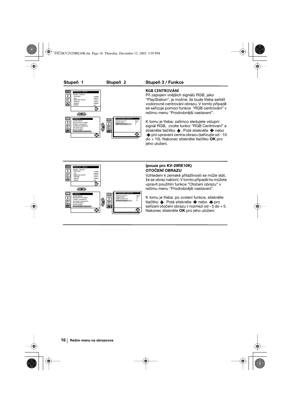 Stupeň 1 stupeň 2 stupeň 3 / funkce | Sony KV-25RE10K User Manual | Page 56 / 142