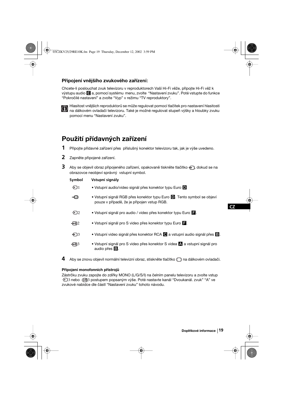 Použití přídavných zařízení | Sony KV-25RE10K User Manual | Page 59 / 142