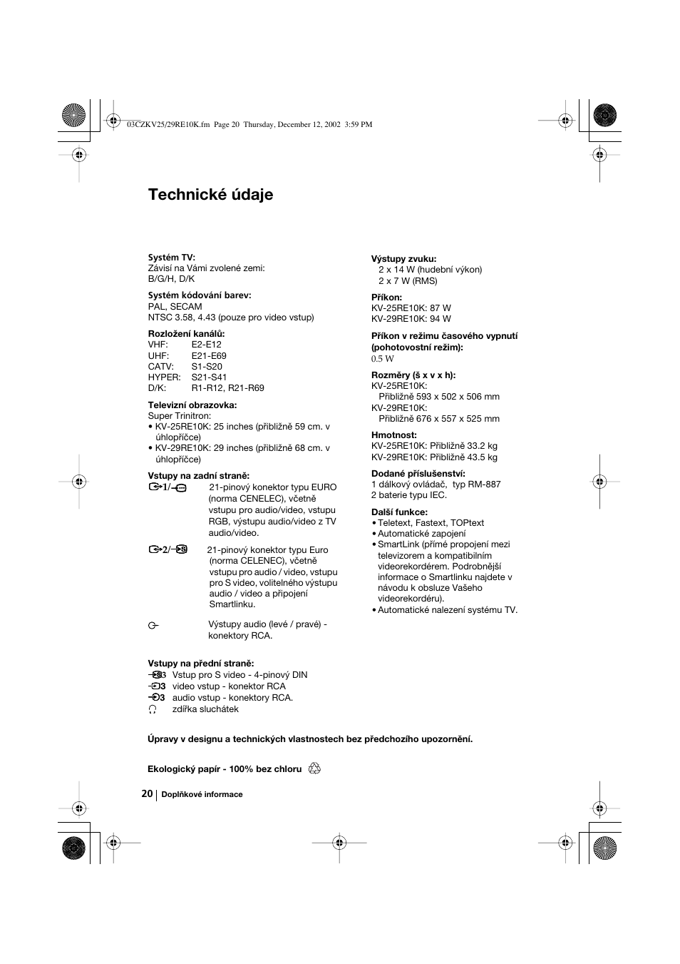 Technické údaje | Sony KV-25RE10K User Manual | Page 60 / 142