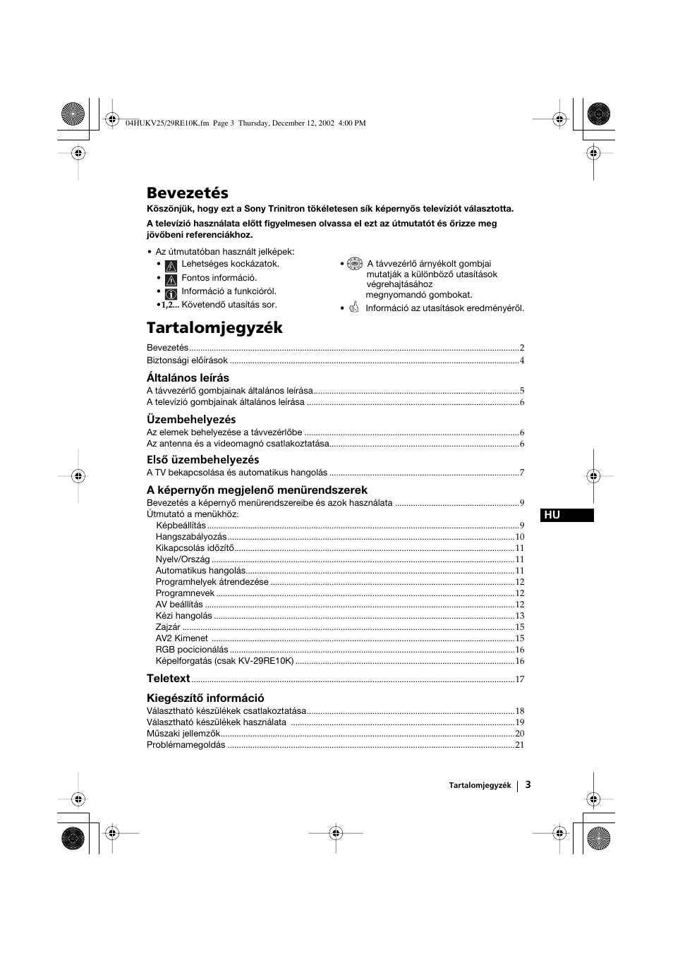 Bevezetés, Tartalomjegyzék | Sony KV-25RE10K User Manual | Page 63 / 142