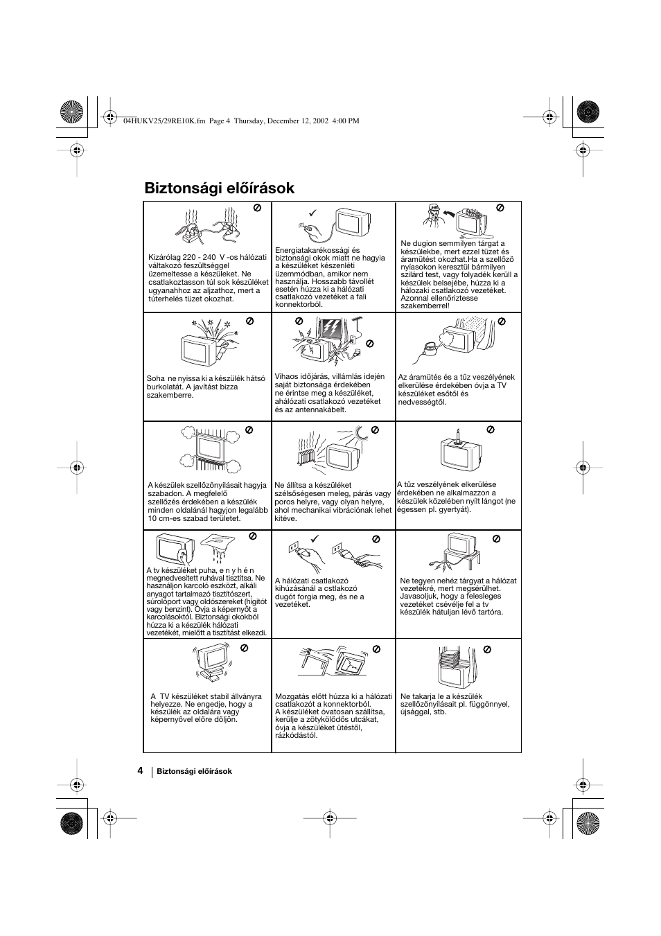 Biztonsági előírások | Sony KV-25RE10K User Manual | Page 64 / 142