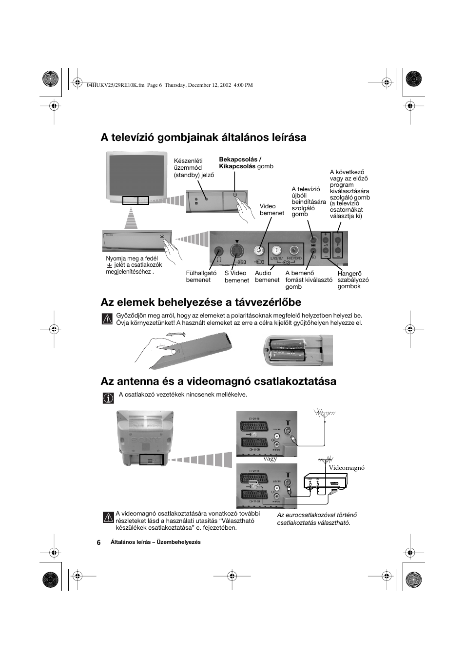 Az antenna és a videomagnó csatlakoztatása | Sony KV-25RE10K User Manual | Page 66 / 142