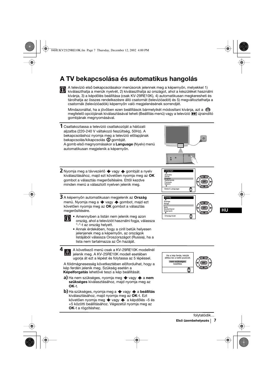 A tv bekapcsolása és automatikus hangolás | Sony KV-25RE10K User Manual | Page 67 / 142
