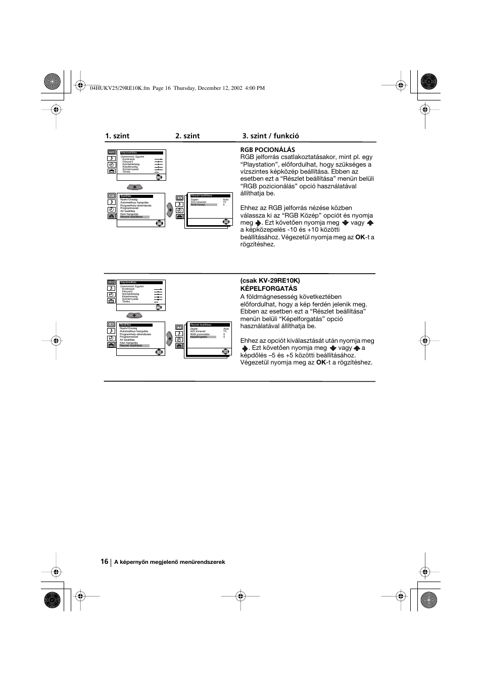 Szint 2. szint 3. szint / funkció | Sony KV-25RE10K User Manual | Page 76 / 142